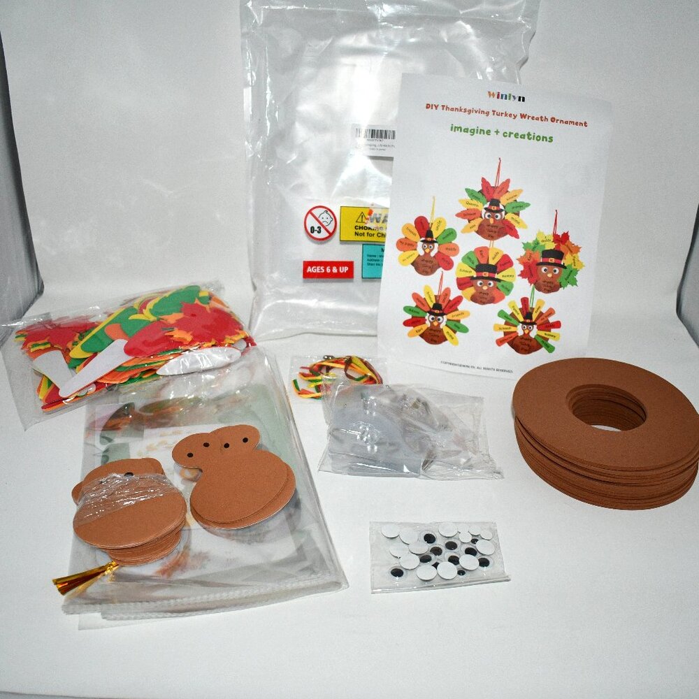 Winlyn Thanksgiving Turkey Wreath Craft Kits, 12 Sets, DIY Give Thanks Foam Art,